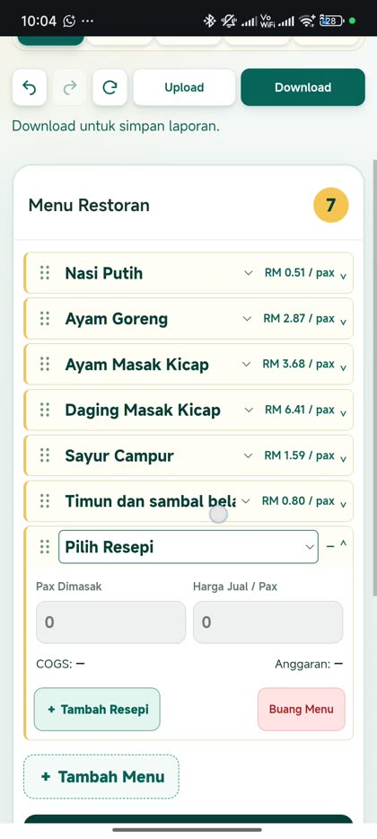 Paparan sebenar: Kiraan menu restoran